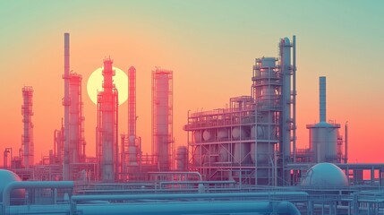 Flat-style illustration of an industrial petrochemical plant with refinery towers and pipelines in a minimalist geometric composition, soft gradient sky.