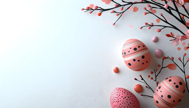 A minimalist Easter composition featuring pink decorated eggs with black dots and stripes, surrounded by cherry blossom branches on a white background, creating a soft and festive atmosphere. - Powered by Adobe
