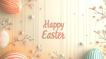 A pastel-colored Easter greeting card features Happy Easter text, decorated eggs, delicate flowers, and sparkling details on a striped background