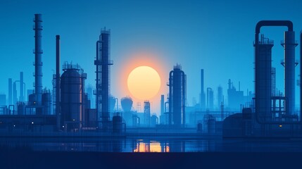 Obraz premium Blue-toned industrial factory landscape with pipes and gas tanks. Abstract vector illustration with clean silhouettes and empty space for text or marketing use.