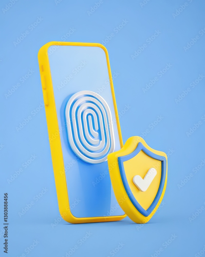 Poster modern smartphone design featuring fingerprint sensor and security shield in blue background
