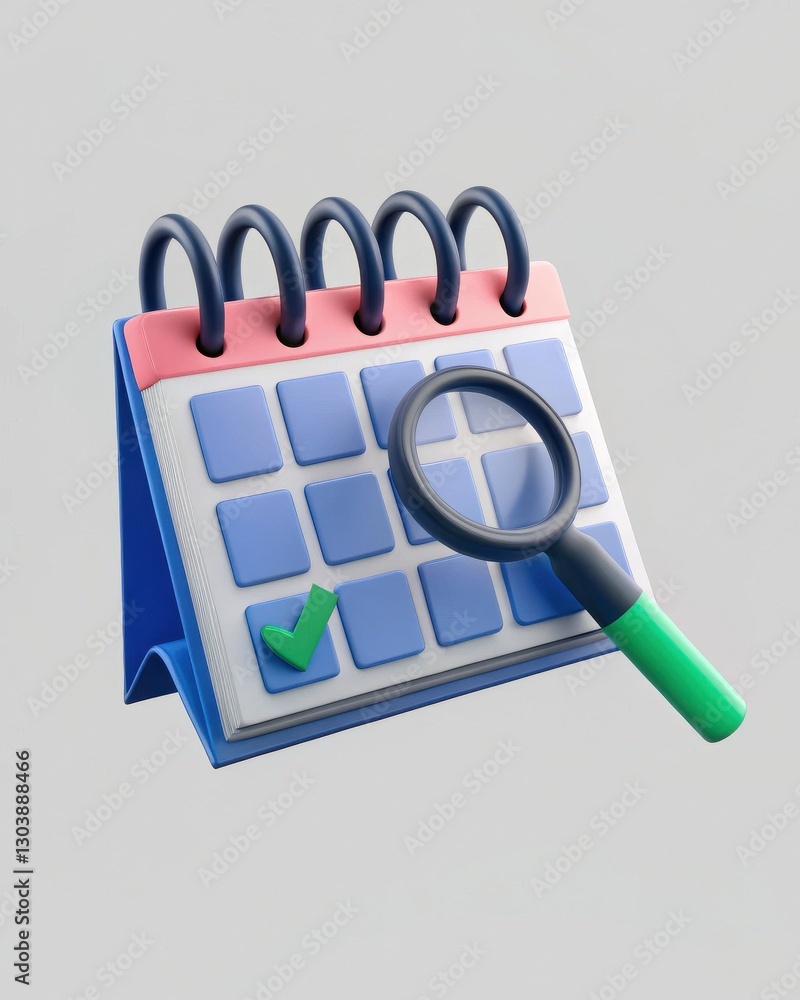Poster 3d model of calendar with magnifying glass for time management and planning concepts