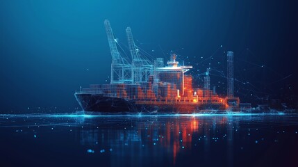 Low-poly wireframe illustration of a digital trade port with cargo ships and cranes, set in dark blue tones with a futuristic industrial aesthetic.