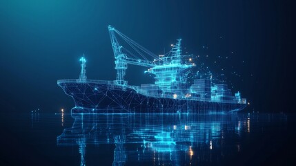 Low-poly wireframe illustration of a digital trade port with cargo ships and cranes, set in dark blue tones with a futuristic industrial aesthetic.