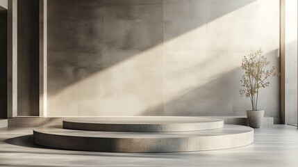 Minimalist abstract podium with clean lines and soft gray tones. A blank stage background with a smooth surface, perfect for product presentations.