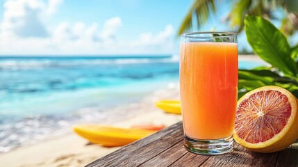 Obraz premium Fresh Citrus Juice in a Glass by the Beachside with Relaxation