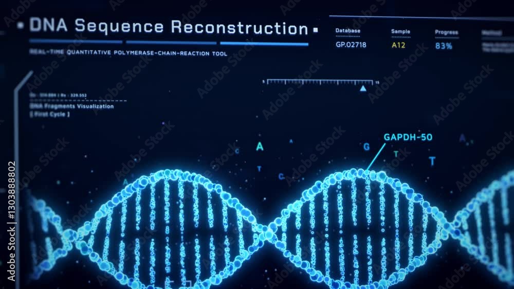 Poster dna helix analysis visualization data, genome sequence ui screen, futuristic genetic engineering lab