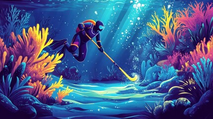 A scuba diver playing underwater hockey within coral reefs