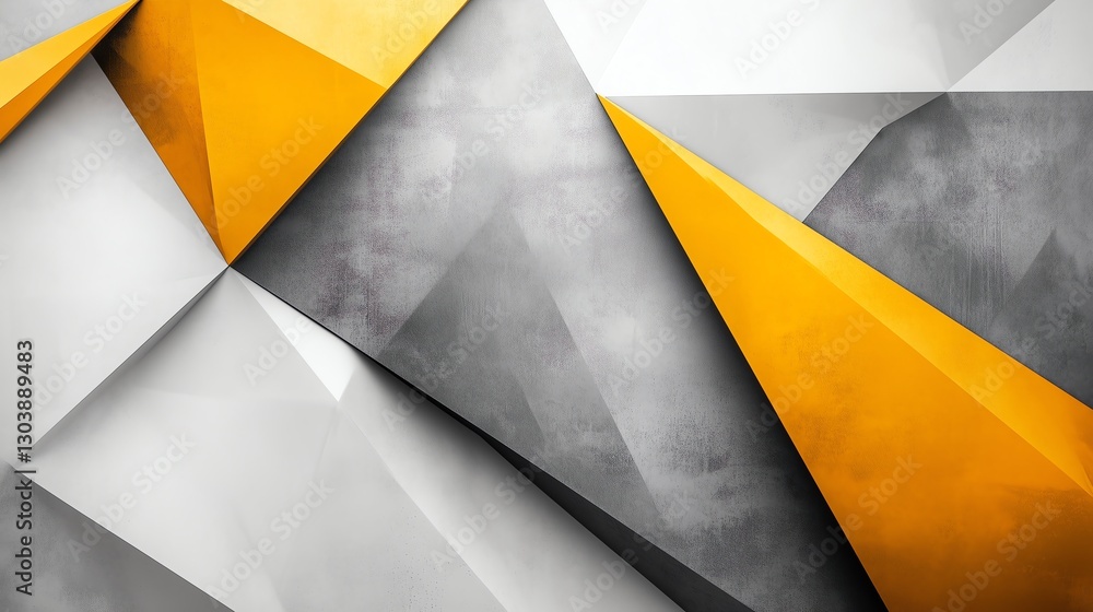 Poster minimalistic brochure layout with grey and yellow polygonal shapes, featuring abstract triangles and