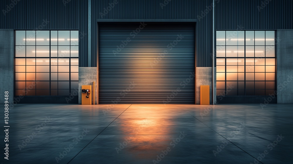 Poster smooth roller shutter door with concrete ground in a factory setting – a simple industrial backdrop 