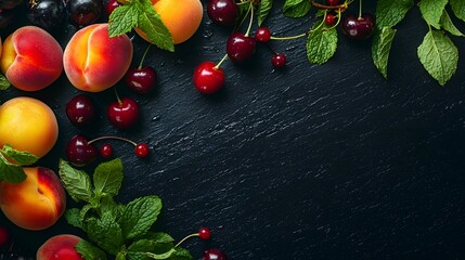 Fresh Summer Fruits and Mint on Dark Background Cherries Peaches Apricots Grapes