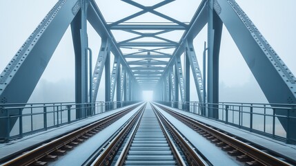 Panoramic railway bridge illustration with soft grey tones and abstract shapes, designed with a minimalist approach and a focus on transportation themes.