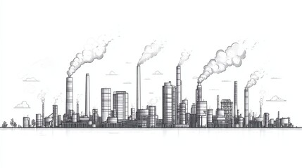 Fototapeta premium Vector banner featuring a heavy industry zone with thin line design, smoky factories, and power plants on a white background, capturing a clean and minimalist industrial scene.