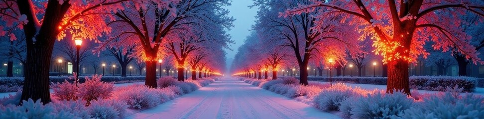 Naklejka premium Artificial intelligence rendered winter park, decorated trees , digital art, generated