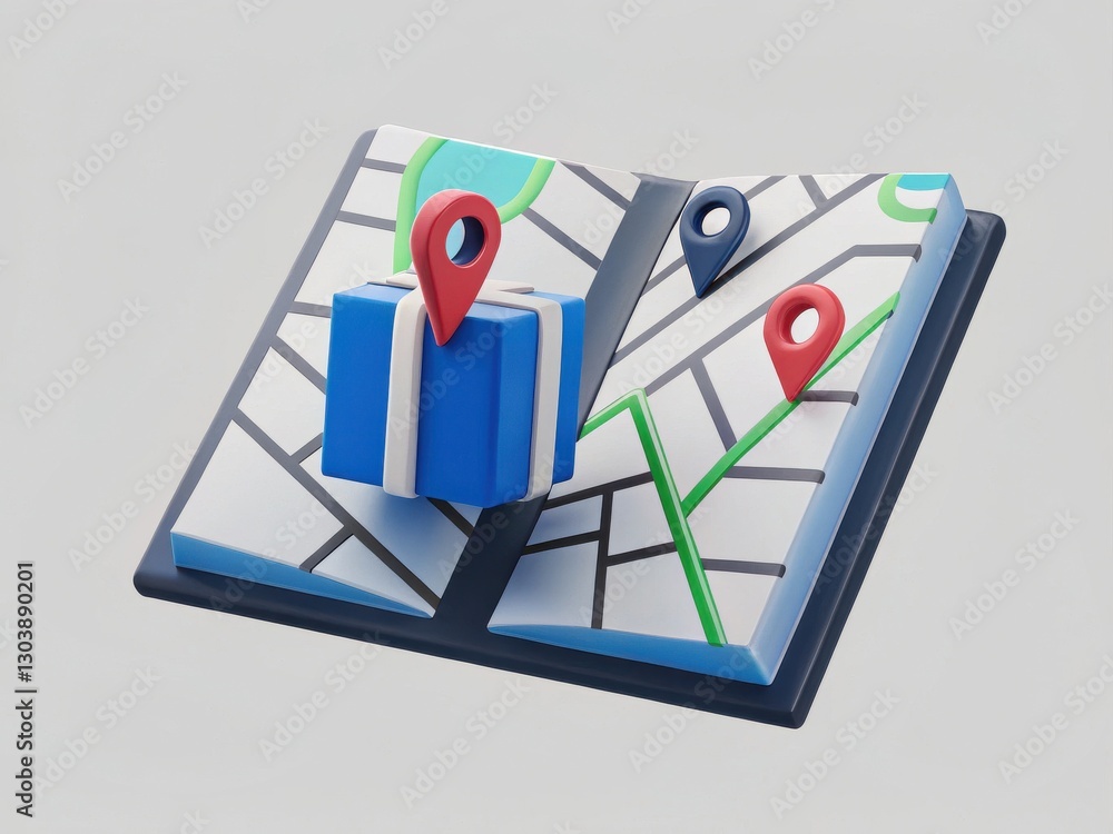 Poster 3d map illustration with gift box and location pins for delivery and navigation themes
