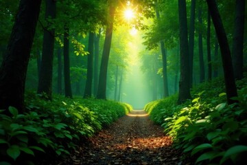 Fototapeta premium Broad, sun-dappled rainforest floor, dense undergrowth, jungle, background, rainforest floor