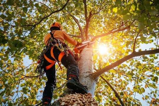 An arborist in a safety harness pruning a tall tree with a handsaw. The sun shines through the leaves as wood chips fall to the ground. 