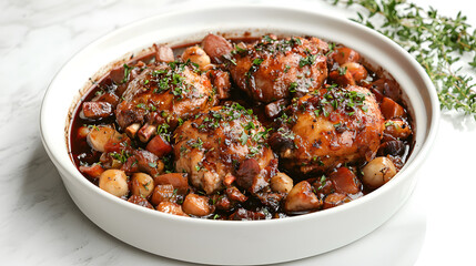 Artful Presentation of Coq au Vin with Herbs and Vegetables in a Stylish Dish