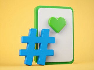 Obraz premium Colorful hashtag blue symbol next to a green heart icon on a vibrant yellow background