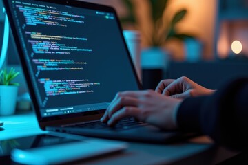 A close-up view of a programmer, focusing on a laptop screen displaying lines of code in a dimly lit workspace filled with plants and soft ambient lighting at night.