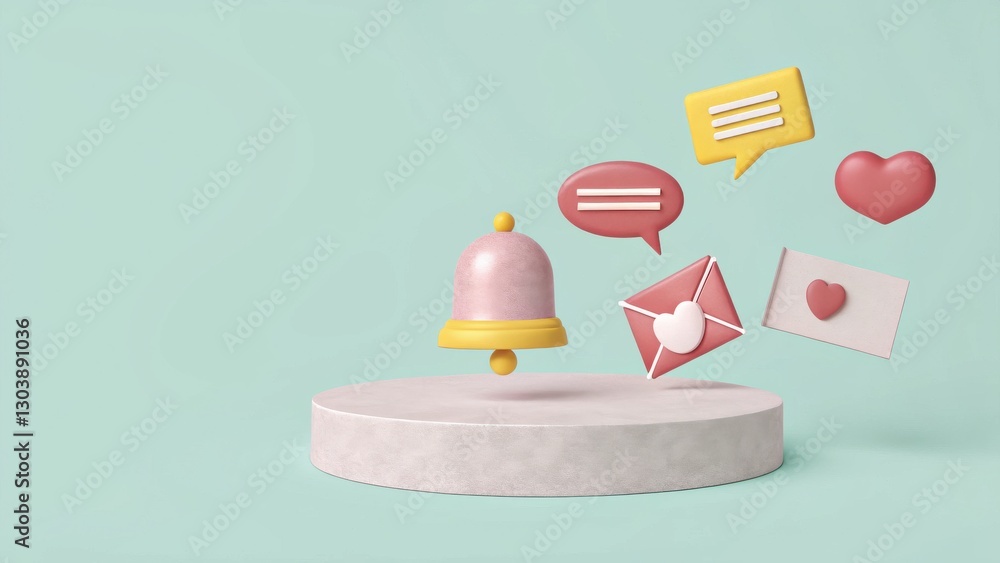 Poster cute 3d notification bell with colorful speech bubbles and envelope on soft green background