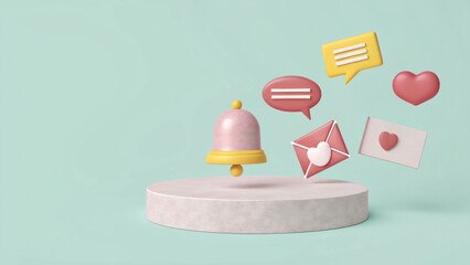 Cute 3D Notification Bell with Colorful Speech Bubbles and Envelope on Soft Green Background