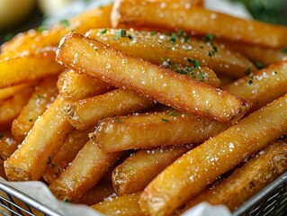 A basket brims with thick-cut, golden French fries, each glistening with oil and featuring a crispy exterior and fluffy interior