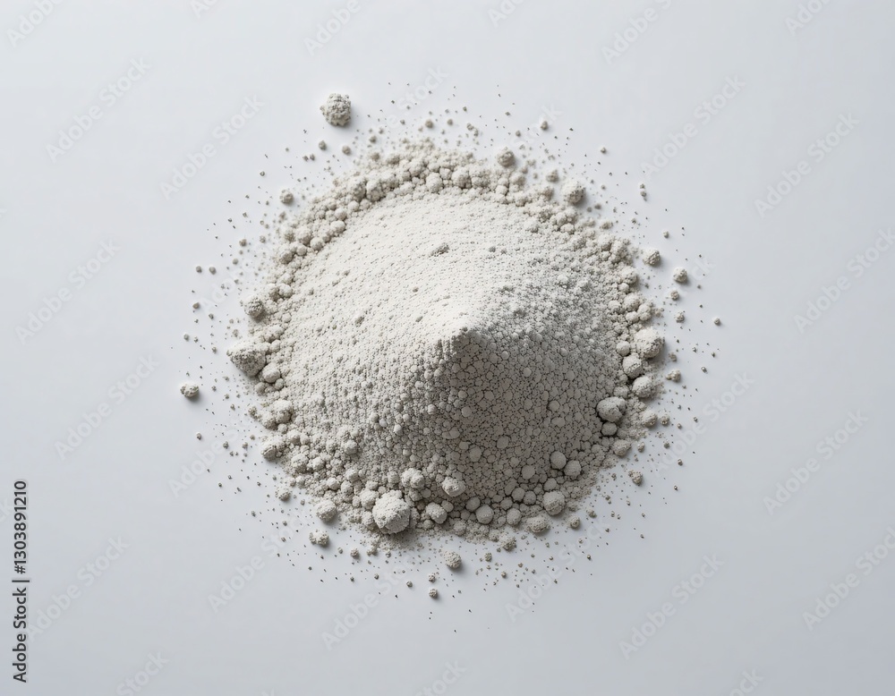 Poster fine gray powder. mounded texture. soft light. neutral background. top-down view. organic variations