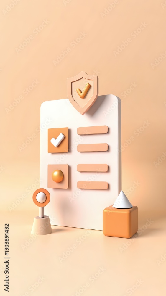 Poster modern 3d design of checklist with items and icons on beige pastel background for business use
