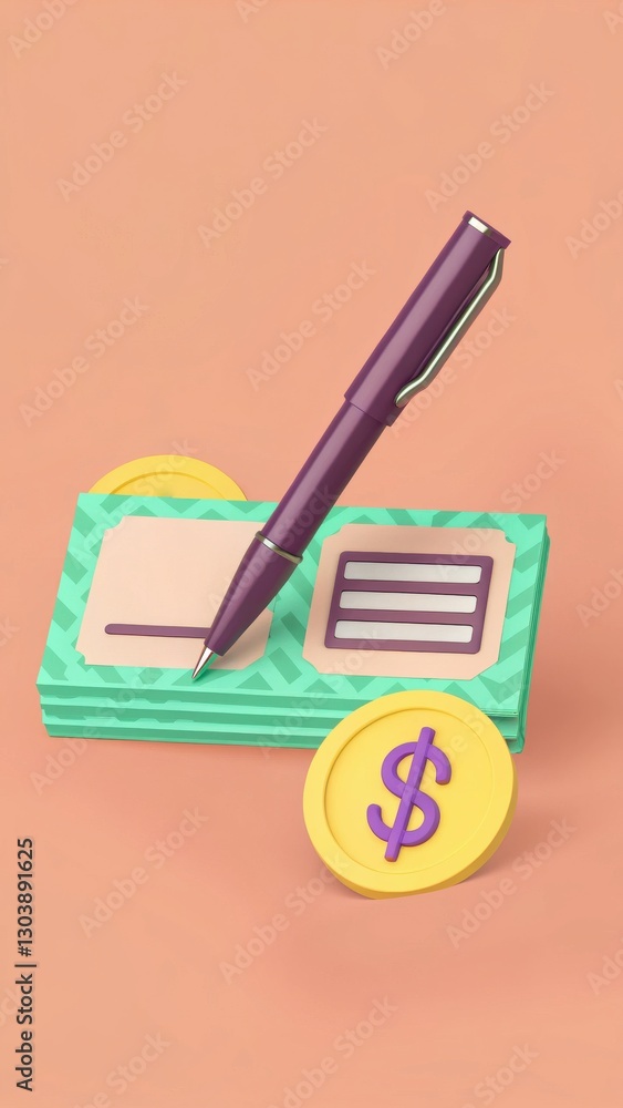 Poster stylish pen on check with coins on colorful background for financial concepts and transactions