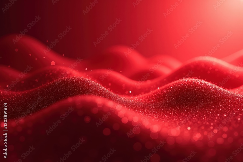 Poster a captivating display of textured red fabric waves with sparkling details, captured in soft lighting