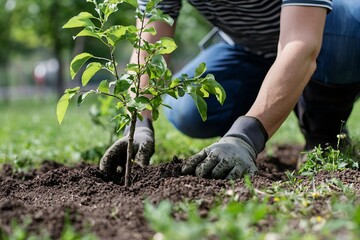 An arborist planting a young tree in an urban park. They carefully pat down the soil and adjust a support stake.