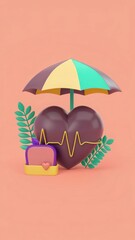 Naklejka premium Colorful Heart Under Umbrella with Leafy Decor for Wellness and Love Concept Visuals