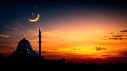 Obraz premium Mosque Sunset Silhouette, Crescent Moon