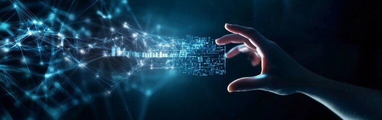 Fototapeta premium Hand Interacting with Digital Data Network Blue Abstract Composition, Data Visualization, Network Connectivity, Big Data Big Data, Data Science