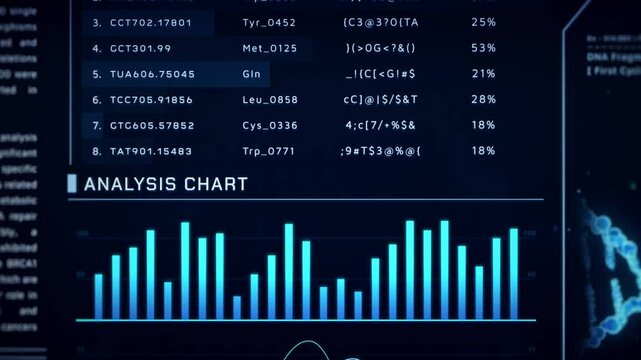 DNA code analysis visualization data, genome sequence ui screen, futuristic genetic engineering lab infographic interface, 3D biotechnology scan report dashboard, medical science technology backgound