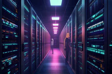 Fototapeta premium Neon Server Room Two Figures in a Cyberpunk Data Center, Digital Art, Sci-fi, Server Racks Cyberpunk, Data Security