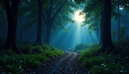 Obraz premium Moonlit forest path, dappled shadows, tranquil scene, dark, wonder