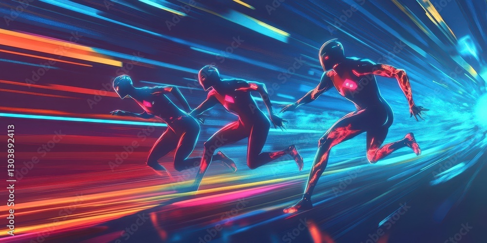 Poster three figures running through a tunnel with vibrant light streaks