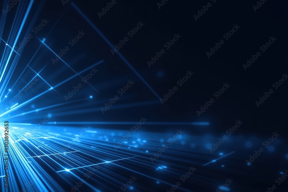 Poster a vibrant display of electric blue light rays and particles emitting from the center in a dark backg