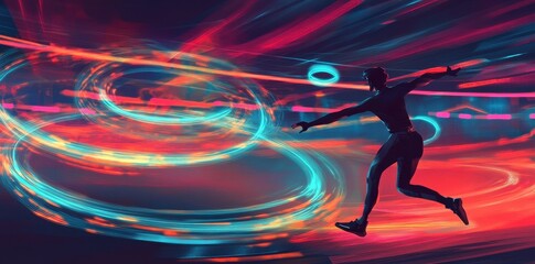 A Person Running With Neon Lights Swirling Around The Figure