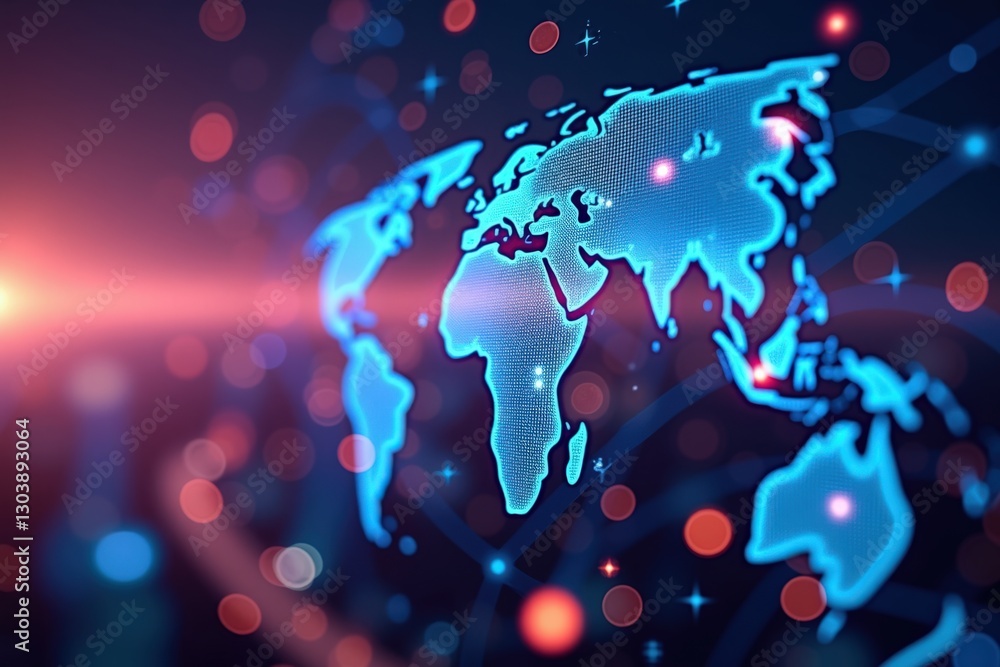 Poster digital representation of a world map illuminated by network connections, featuring a futuristic glo