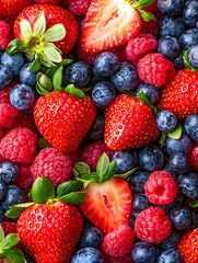 Obraz premium Fresh Juicy Strawberries Raspberries and Blueberries Summer Berry Mix