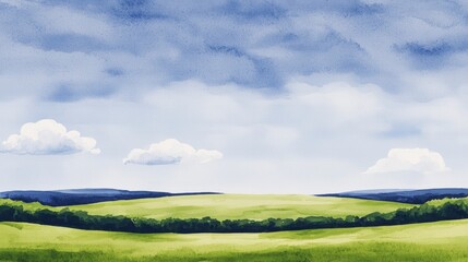 Serene Summer Landscape  Watercolor Meadow  Sky  Clouds