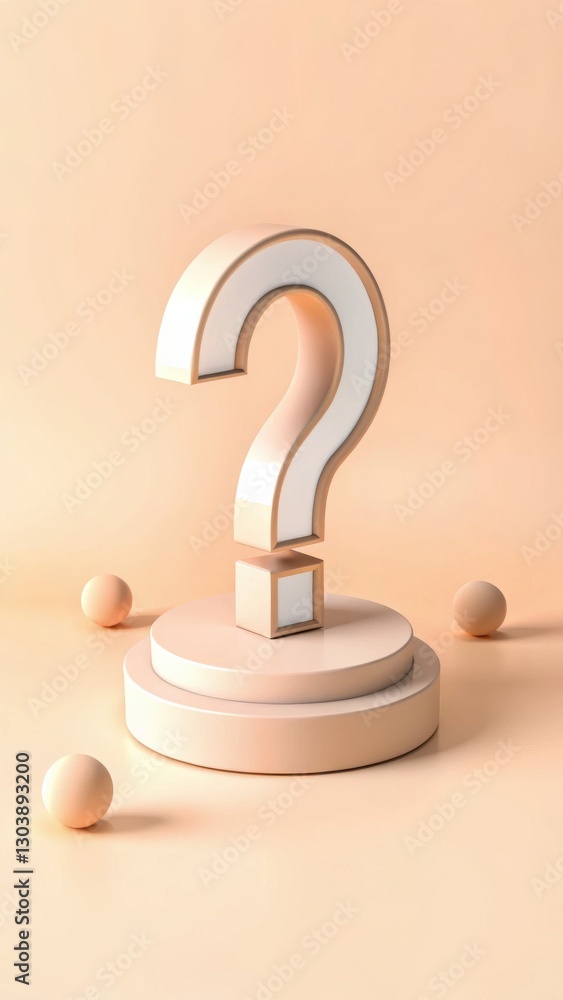 Poster 3d question mark sculpture on minimalist background with sphere elements in soft color palette