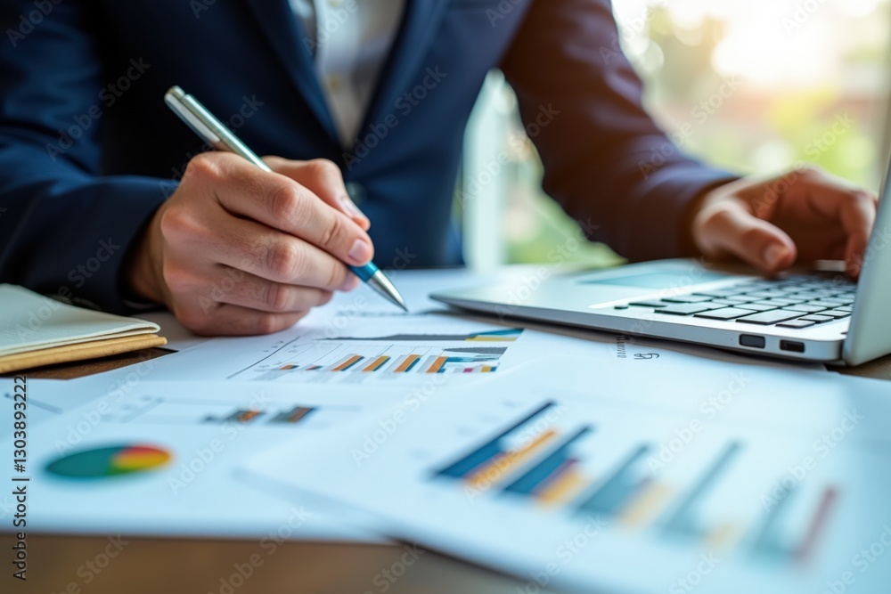Poster businessman analyzing financial data in a modern office setting with charts and a laptop showing mar