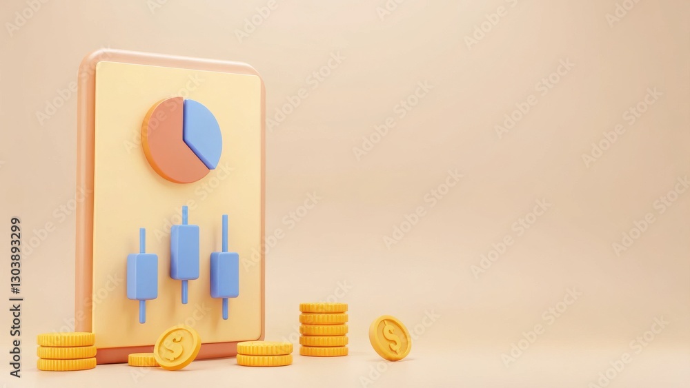 Poster colorful financial chart with coins and graphical indicators on soft background