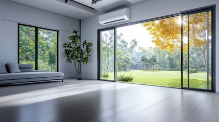 Obraz premium Modern Minimalist Living Room with Air Conditioner Garden View