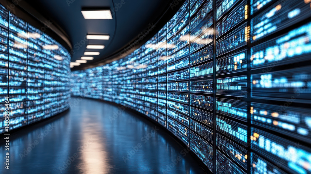 Poster futuristic data center with illuminated server racks and sleek design