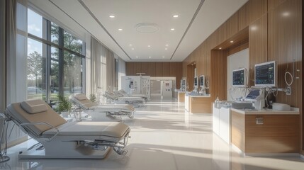 A detailed image of a kidney dialysis center with multiple treatment stations